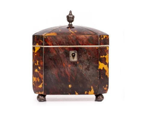 AN EARLY 19TH CENTURY TORTOISE SHELL TEA CADDY with canted corners, steel urn finial, steel ball feet and inner lid to the si