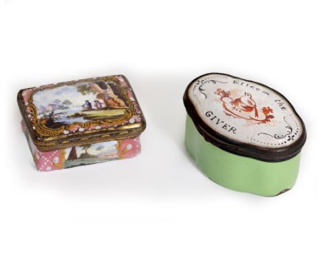 AN ANTIQUE ENAMEL SNUFF BOX painted with landscapes within cartouches to the lid and sides, with inner gilt lid and a small s
