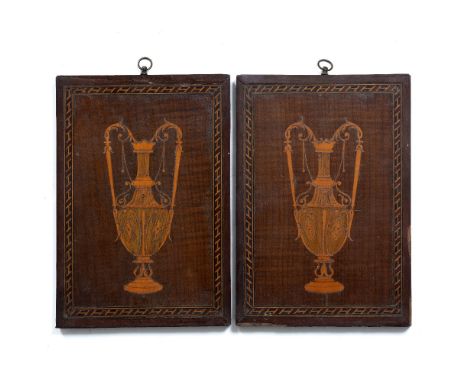 A PAIR OF LATE 19TH CENTURY SYCAMORE INLAID PANELS decorated with classical vases set within parquetry borders, 15.5cm wide x