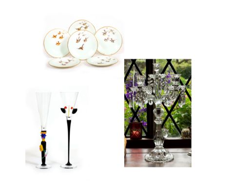 A MODERN PRESSED GLASS FOUR BRANCH CANDELABRUM60cm high together with three decanters, a set of six Grangers Worcester desser