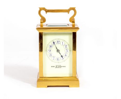 A CARRIAGE TIMEPIECE the enamel dial with arabic numerals in white roundels, the dial inscribed 'examined by Boby &amp; Janni