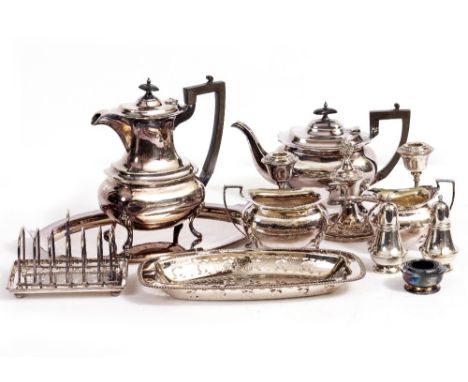 A SMALL QUANTITY OF SILVER PLATE  consisting of a tea and coffee service, a toast rack, a pierced dish, candelabrum, oval tra
