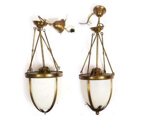 A PAIR OF MODERN HANGING LAMP with glass shades and lacquered brass mounts, approximately 21cm wide x 69cm high Condition: mi