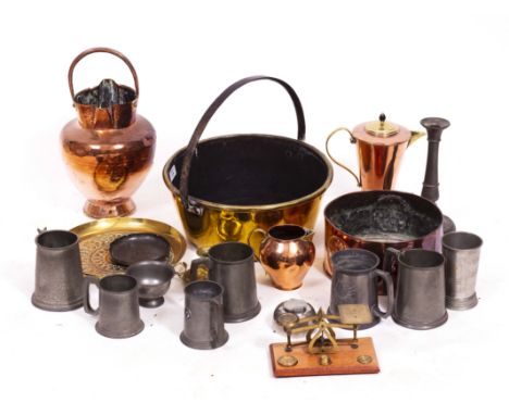 A COLLECTION OF VARIOUS METALWARE to include a copper and brass coffee pot by W A S Benson together with a matching milk jug,