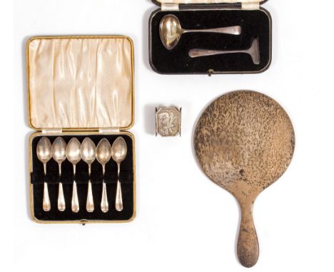 A MIXED LOT OF ANTIQUE AND LATER SILVER to include a cigarette case, a cigarette box, an ashtray, spoons, a silver backed mir