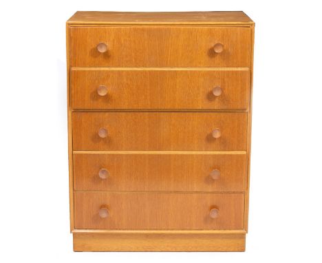 A 1980s LIGHT OAK CHEST OF FIVE DRAWERS 76cm wide x 45.5cm deep x 100cm high Condition: minor surface scratches, good conditi