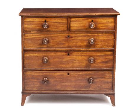 A VICTORIAN MAHOGANY CHEST OF TWO SHORT AND THREE LONG DRAWERS with turned knob handles and splaying feet, 98cm wide x 56cm d