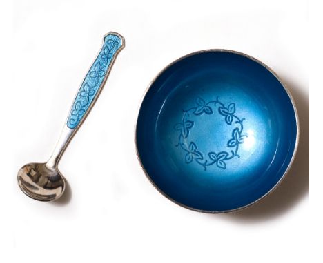 A MEKA DANISH STIRLING SILVER AND BLUE ENAMEL SALT AND SPOON the bowl 5cm diameter x 2.5cm high Condition: Good