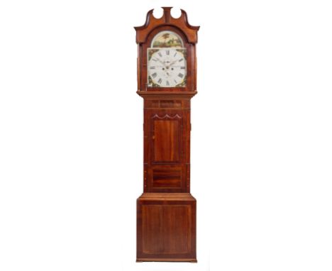 AN EARLY 19TH CENTURY OAK AND MAHOGANY EIGHT DAY LONGCASE CLOCK the 14 1/4" painted arched Roman dial signed Jos. Bates, Hudd