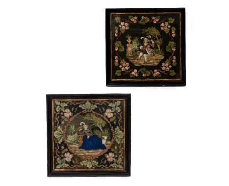 TWO 19TH CENTURY WOOLWORK PICTURES one of a gentleman playing a lute, the other of a lady holding a bird, each picture set wi