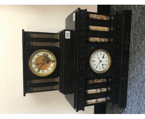 A 19TH CENTURY FRENCH POLISHED SLATE AND MARBLE ARCHITECTURAL FORM MANTEL CLOCK with white enamel Roman dial, twin train Japy