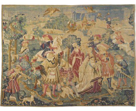 A 16TH CENTURY STYLE PRINTED TAPESTRY TYPE PICTURE depicting courtly figures out hawking, 256cm x 220cm and a label to the re