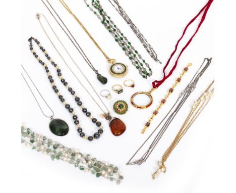 A COLLECTION OF COSTUME JEWELLERY  to include yellow and white metal long necklaces, some set with pearls, the largest 72cm l
