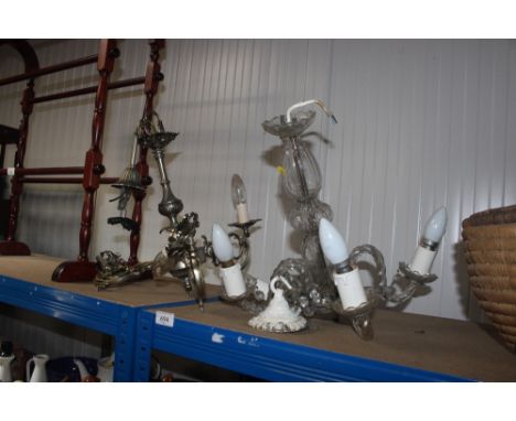 A glass four light electrolier and a metalware pendant ceiling light  