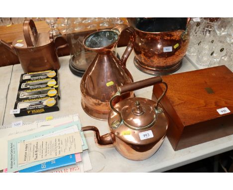 A copper measuring jug stamped I B 1 Gallon Suffolk and a copper kettle stamped to the base letter C
