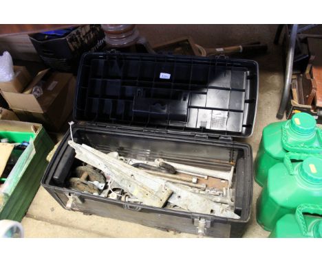 A black 0plastic tool box and contents of various ironmongery