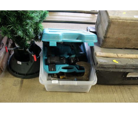 A box of miscellaneous workshop tools and equipment; and a Boschman cordless electric drill with spare battery - lacking char