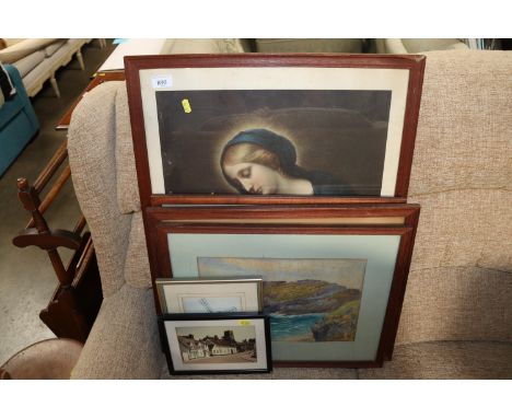 A print of Saxtead Mill, C R Ashton watercolour study 'Seascape', other watercolours and a religious print