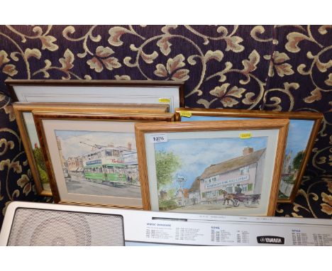 J Nicholls, collection of watercolours and a black and white print etc.