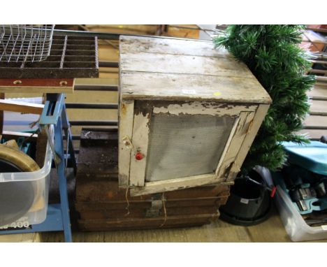 A small painted wooden meat safe and a tin trunk