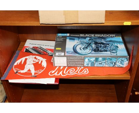 A Revell scale model of a Vincent Black Shadow, a New York Mets pennant and Lucas 'Britain's Best Battery' map 