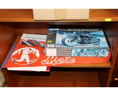 A Revell scale model of a Vincent Black Shadow, a New York Mets pennant and Lucas 'Britain's Best Battery' map 