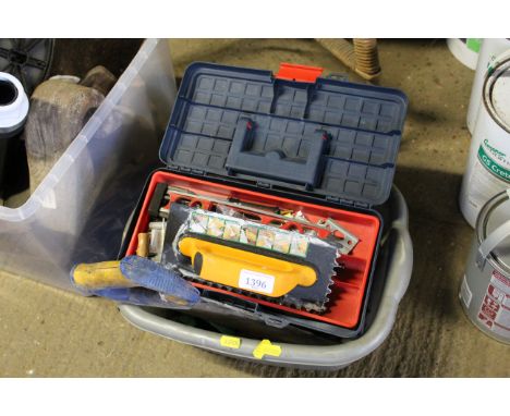 A plastic tool box and contents of fittings and a plastic wash tub, hand saw, work gloves etc.