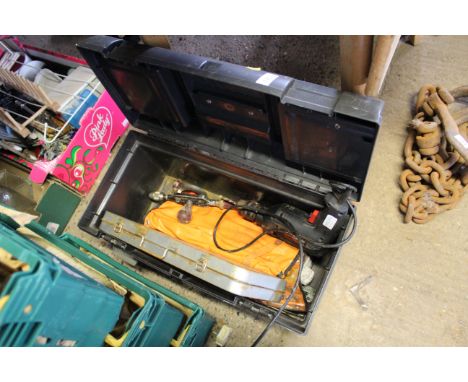 A plastic tool box and contents of tools to include a Woolworths electric drill, a Draper socket set in fitted metal case and