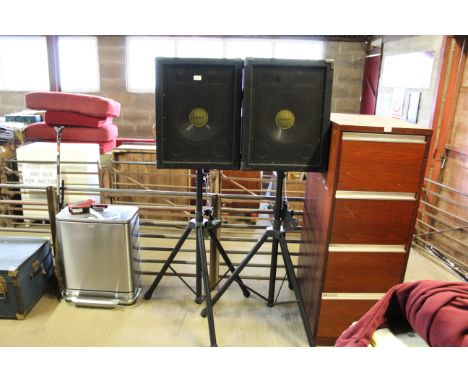 Two Synergy SX-1210 12" speaker cabinets with tripod stands 