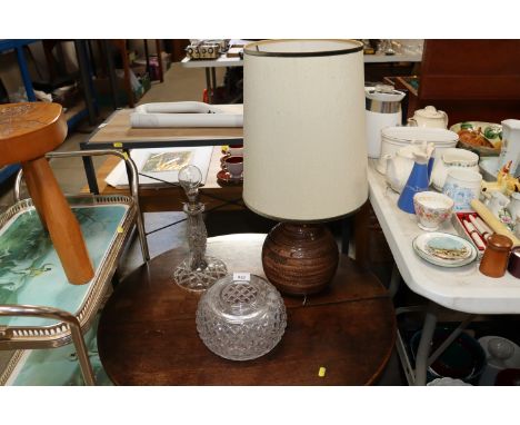 A cut glass table lamp and shade and a studio pottery table lamp