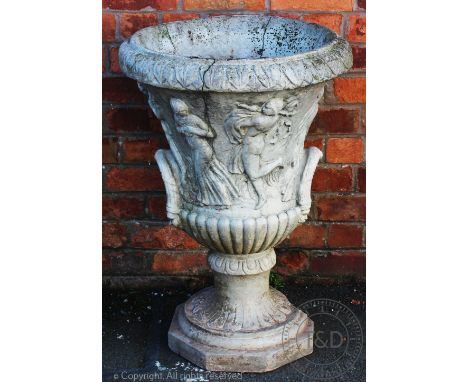 A reconstituted stone garden planter, modelled as a twin handled urn, 82cm H (at fault)