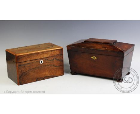 A William IV rosewood tea caddy, on rectangular form with mother of pearl escutcheon, 15cm H x 258cm W, with a mahogany sarco