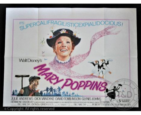 Mary Poppins,1964, 30" x 40" Quad Poster, Classic Disney musical, starring Julie Andrews, Dick Van Dyke and David Tomlinson  