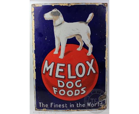 A vintage Melox Dog Foods vitreous enamel advertising sign, 66cm x 46cm CONDITION REPORT: The sight has rusting patches to al
