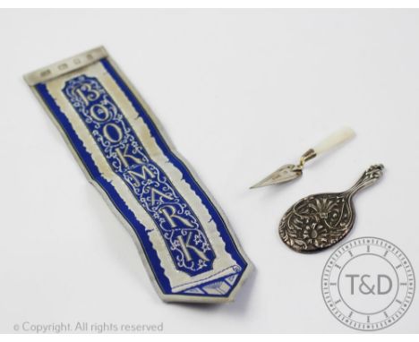 A silver bladed and mother of pearl handled trowel form book mark, William Henry Leather, Birmingham 1911, with a silver moun
