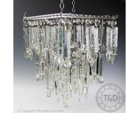 A chrome plated metal three tier ceiling light, of square form, hung with mixed cut lustres, 32cm wide x 41cm high (approx), 