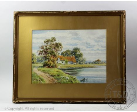 E Hamilton, Near pair of watercolours, Country cottage on a lane and cottage beside a river, Signed, 25.5cm x 36cm, Framed an