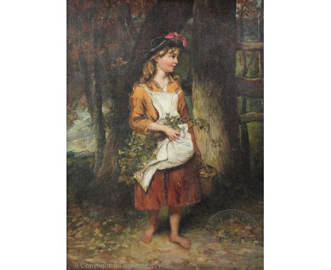 Attributed to John Thomas Peele (1822-1897) British,Oil on canvas, Portrait of a young girl flower picking in woodland settin