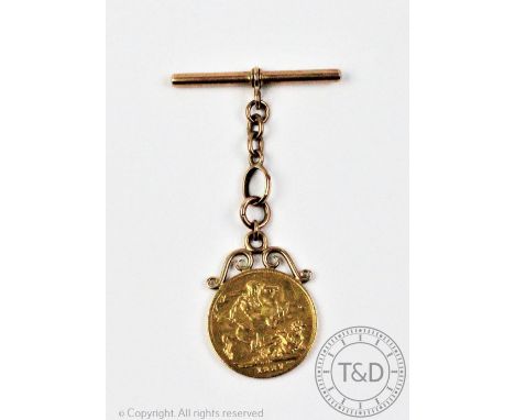 A George V gold sovereign dated 1927, with scroll mount and attached T bar stamped '9ct', gross weight 10.9gms  