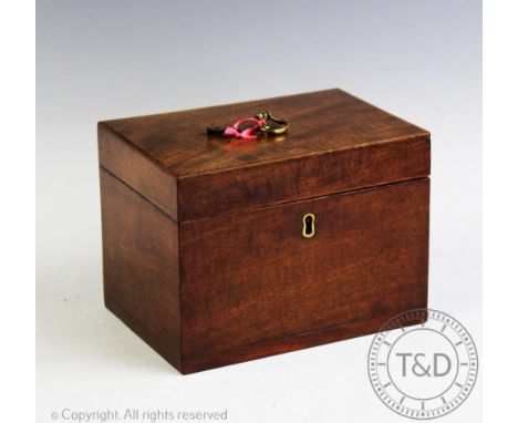 An early 19th century and later mahogany tea caddy, of rectangular form, with brass loop handle and two canisters, 12cm H x 1