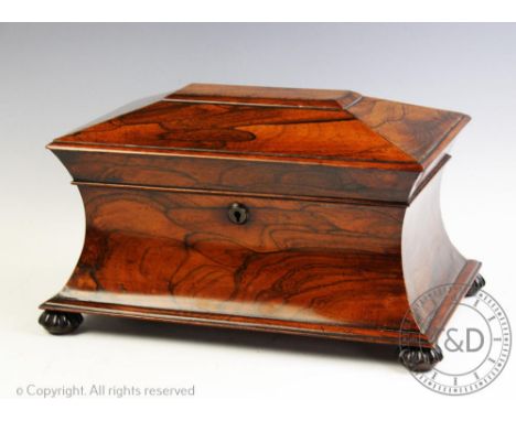 A William IV rosewood tea caddy, of waisted sarcophagus form, with two canisters and associated mixing bowl, on gadrooned bun