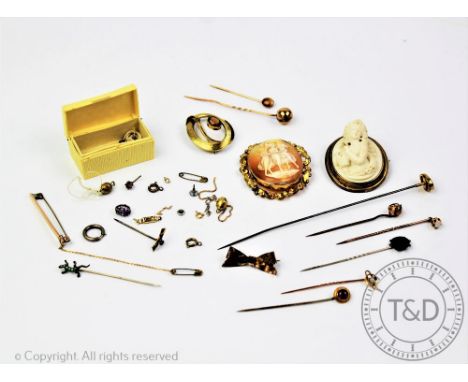 A selection of stickpins and brooches, to include; a carved shell cameo brooch, a further brooch carved in high relief, assor