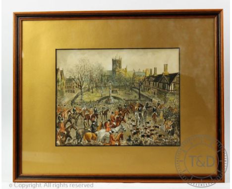 Herbert St John Jones, Two watercolours, A Fox Hunting Meet in a town square with church beyond - titled 'Personal Sketch', t