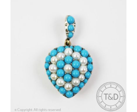 A turquoise and untested pearl set heart shaped pendant, all pave set in white metal to the yellow metal reverse, 4.2cm long,