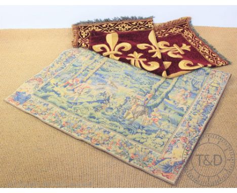 A Belgian machine woven tapestry in 17th century style with a hunting scene, Metrax label verso, 191cm x 126cm, with a machin