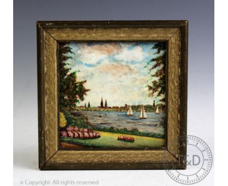 A World War II period hand painted ceramic tile, possibly Velleroy &amp; Boch, painted with a river scene, titled and signed 