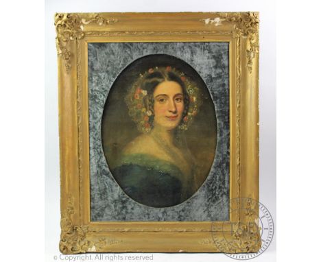 English School, 19th century, Oil on canvas, Portrait of a Victorian lady wearing floral head dress, 48cm x 39cm (at fault),G