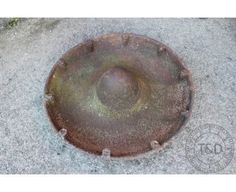 A cast iron circular pig trough, 87cm diam with a cast iron rectangular animal trough, 105cm long (2)