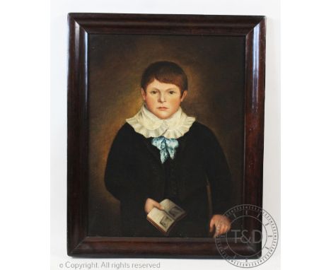 English School - 19th century, Oil on canvas,Portrait of a boy reading a book, Re-lined and in rosewood cushion frame, 73cm x