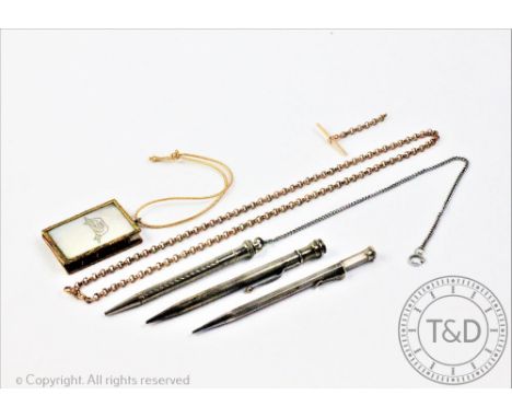 A mother of pearl and gilt metal mounted dance card book with pencil, a silver mounted retractable pencil, two further pencil